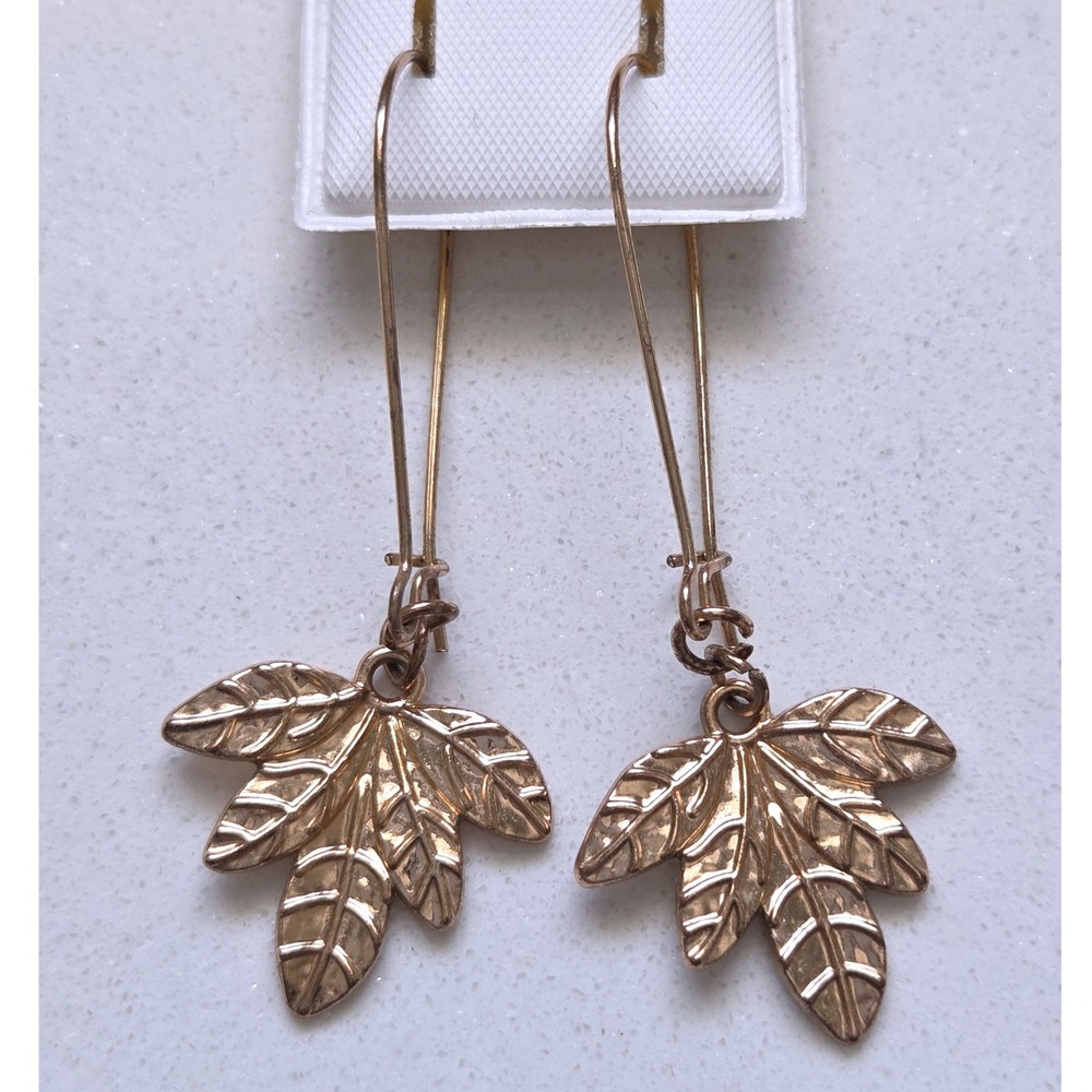 Gold Tone Maple Leaf Drop Earrings Long Kidney Wire Botanical Dangles